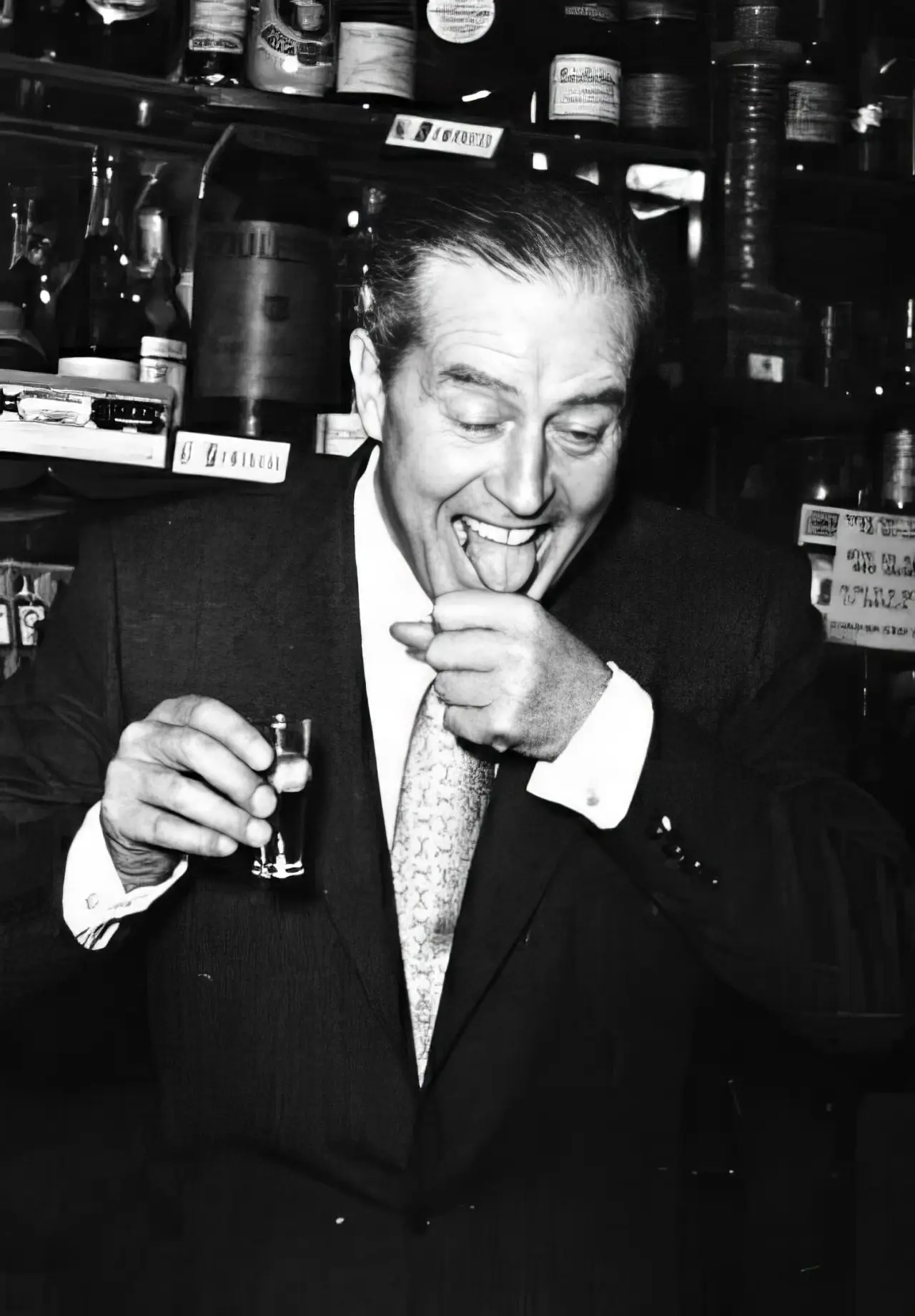 A guest in a suit laughing over a shot, in black and white