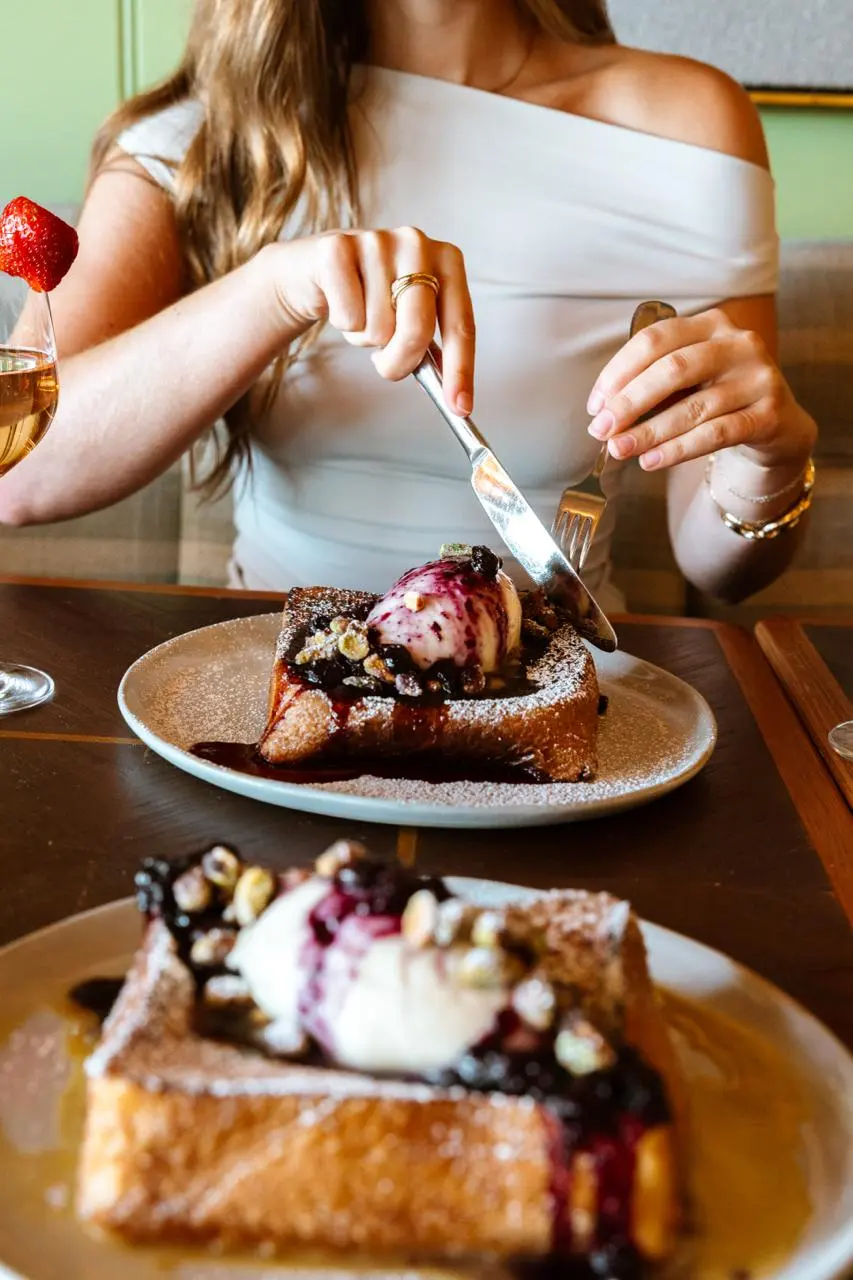 French toast cut at the table