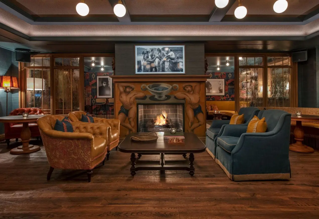 The Salon, with lounge seating by the fireplace