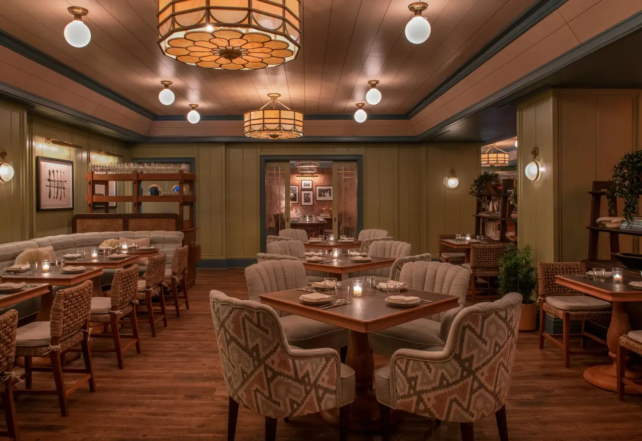 The main dining room with floor-to-ceiling windows