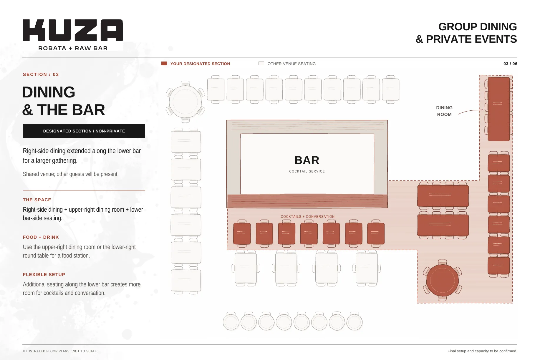 Floor plan: Right-side dining & the bar at KUZA